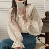 衬衫 气质蕾丝花边翻领单排扣宽松百搭微透喇叭袖 法式 韩国chic秋季
