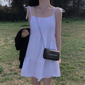 气质一字领露肩系带蝴蝶结收腰无袖 韩国chic夏季 法式 吊带连衣裙女