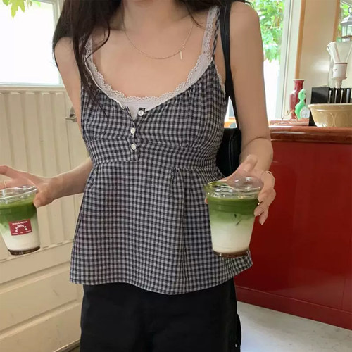 纯欲风格子吊带背心女