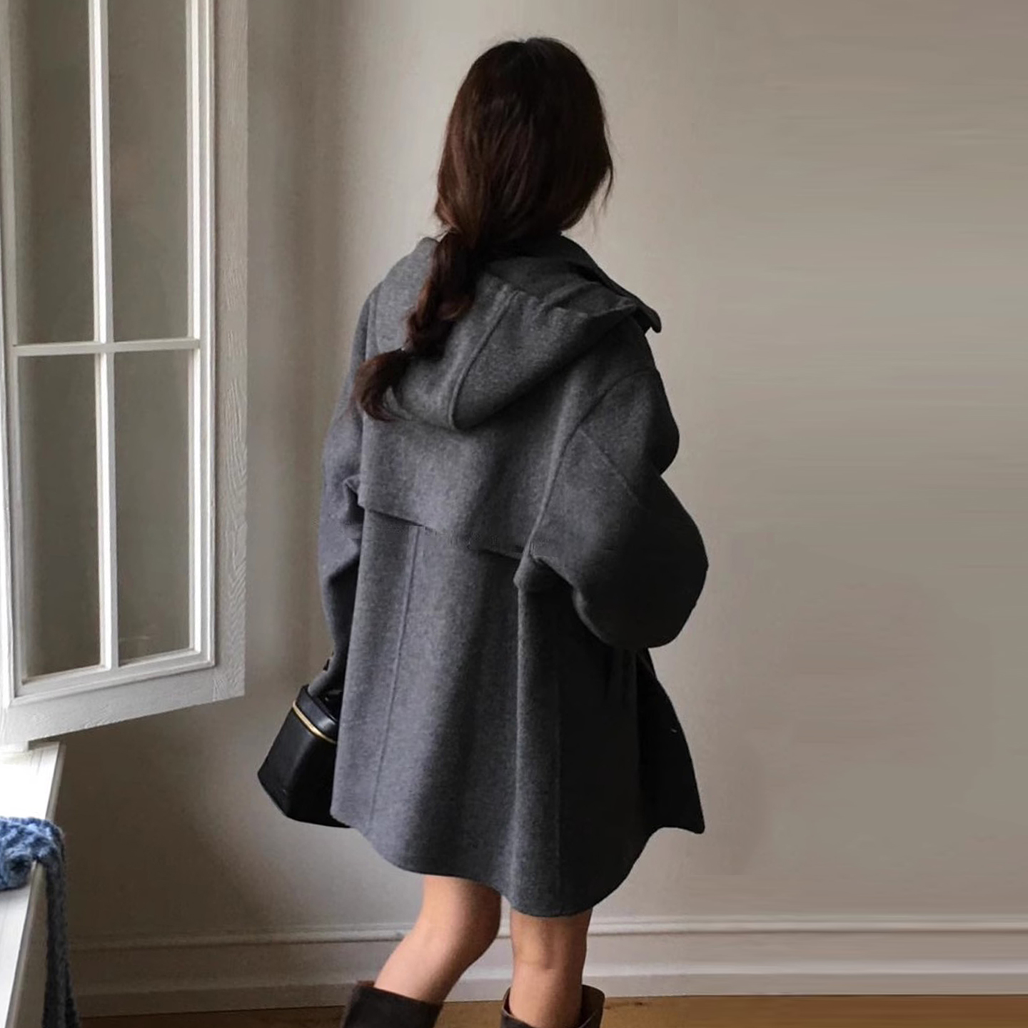 法式复古可拆卸连帽呢子外套大衣