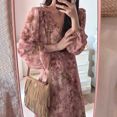 水墨印花晕染收腰长袖雪纺连衣裙