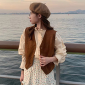 韩国chic秋季 复古百搭V领单排扣仿麂皮绒宽松休闲背心马甲外套女
