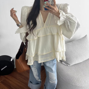 V领长袖 良良家 新款 女春季 衬衣 温柔风蕾丝花边点缀层层荷叶边衬衫