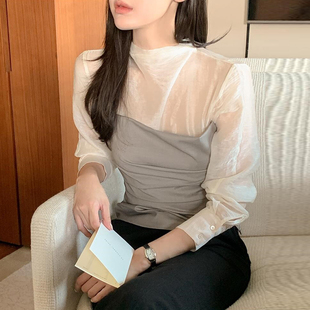 上衣 衬衫 韩国chic秋季 气质百搭半高领网纱拼接假两件褶皱收腰长袖