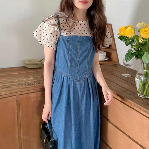 chic圆领波点微透衬衫吊带连衣裙