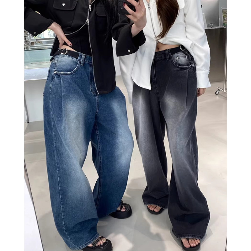 腰部卡扣设计高腰百搭磨白牛仔裤