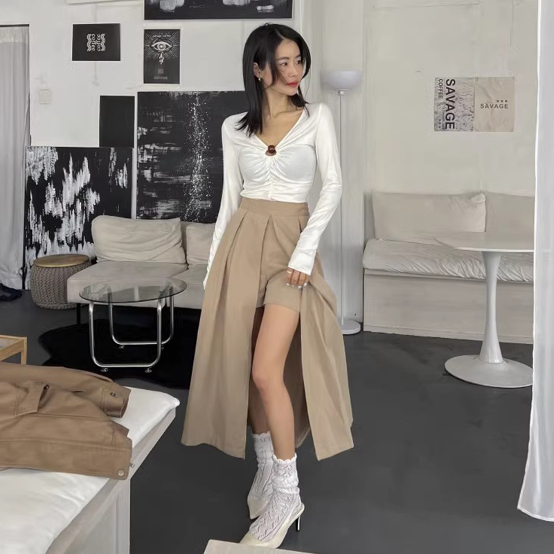 小众设计感开叉压褶半身裙女