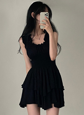 韩国chic夏季复古洋气U领褶皱感收腰显瘦无袖吊带背心连衣裙短裙