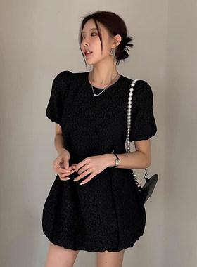 洋气复古肌理感花苞连衣裙短裙女