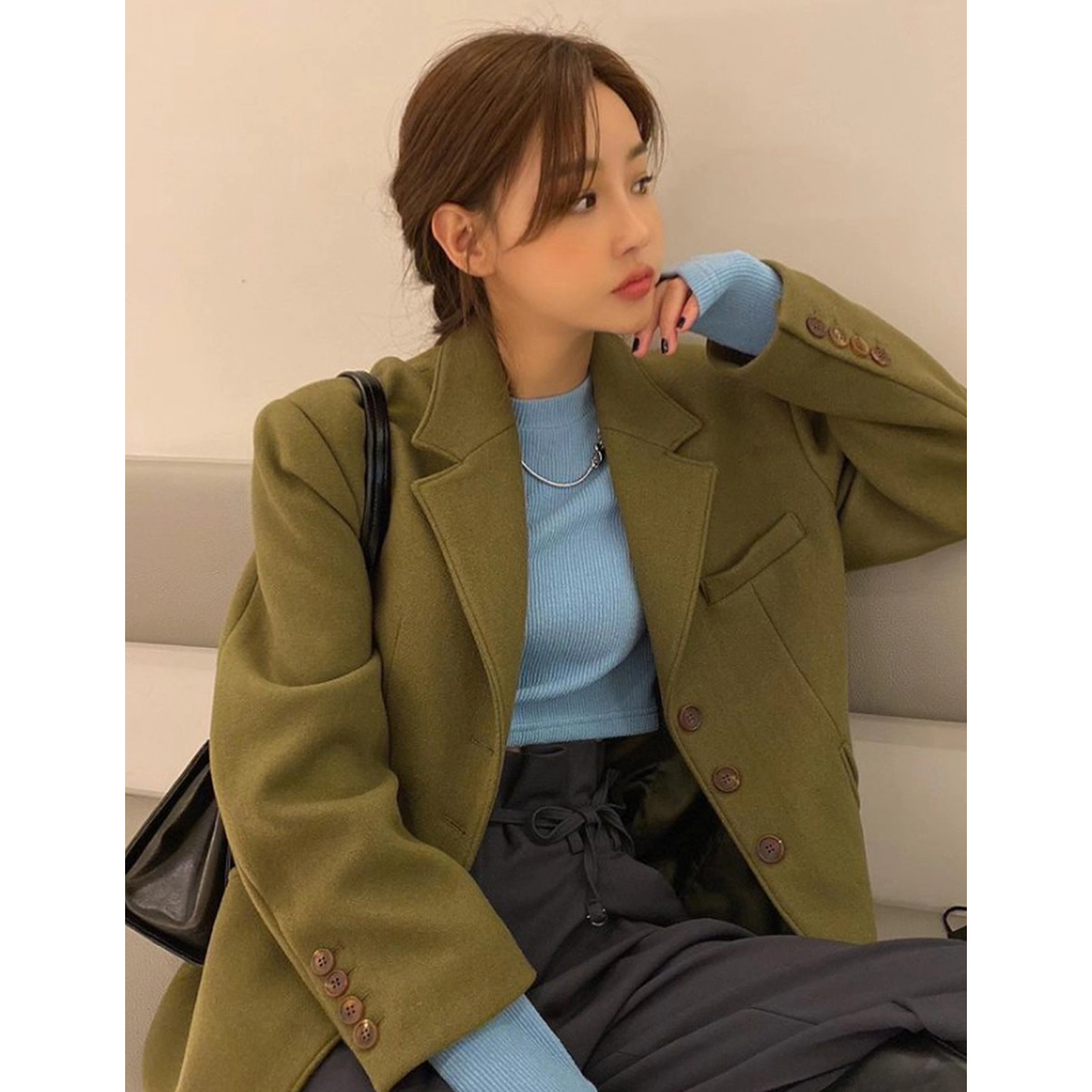 西装领百搭纯色呢子西服外套