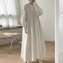 韩国chic极简主义圆领三粒扣设计感宽松腰灯笼袖 纯色连衣裙长裙女