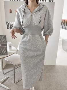 连帽卫衣连衣裙女 设计感拉链收腰显瘦后开叉长袖 韩国chic秋季 法式