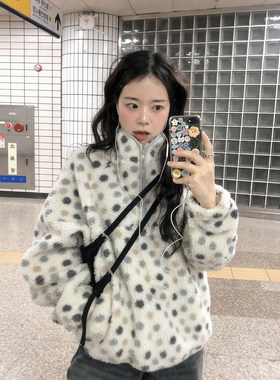 复古彩色波点羊羔毛立领卫衣女