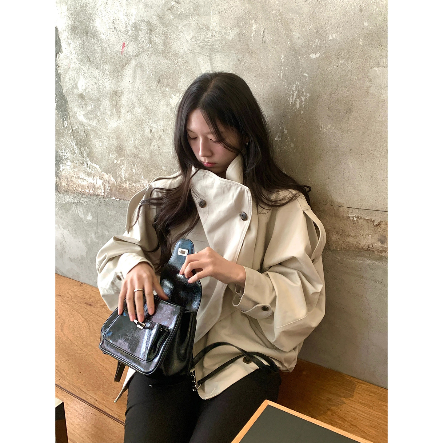 自制卡其色立领短款风衣外套女图片