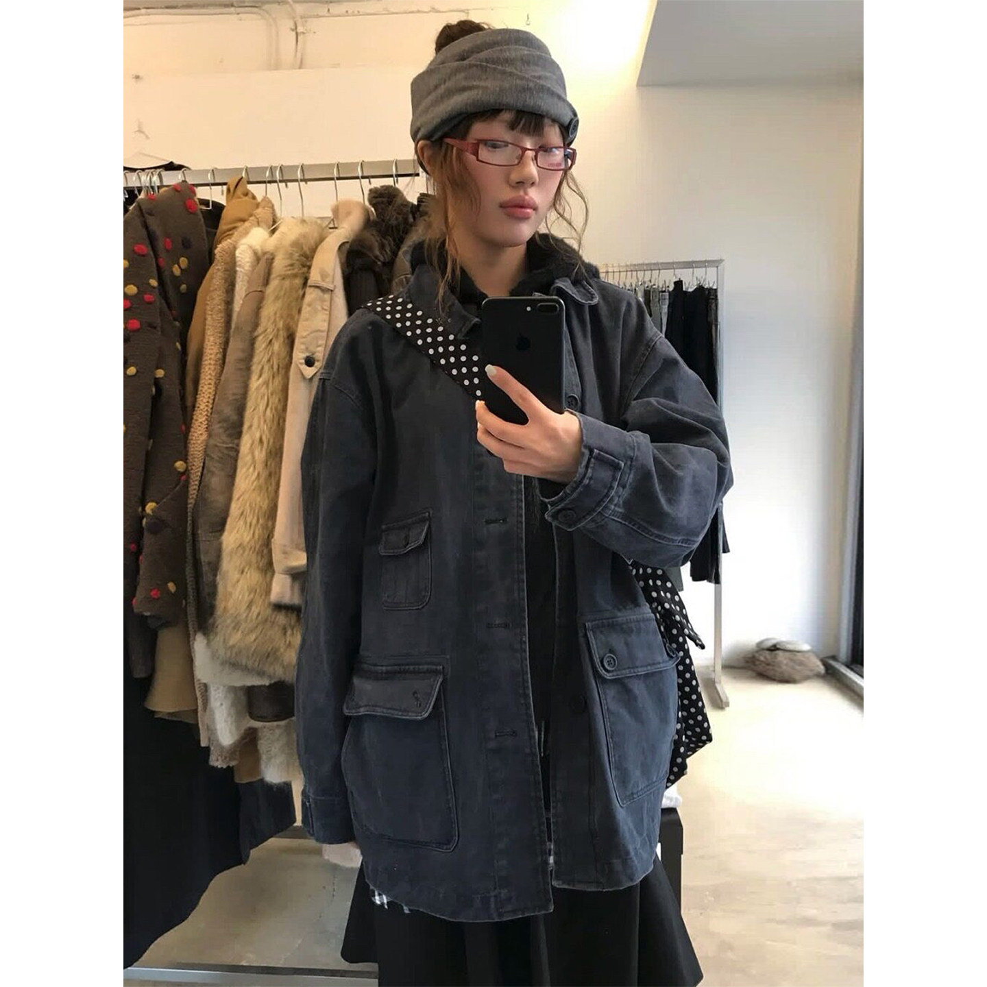 良良家秋季新款复古做旧水洗翻领多口袋中长款工装夹克牛仔外套女