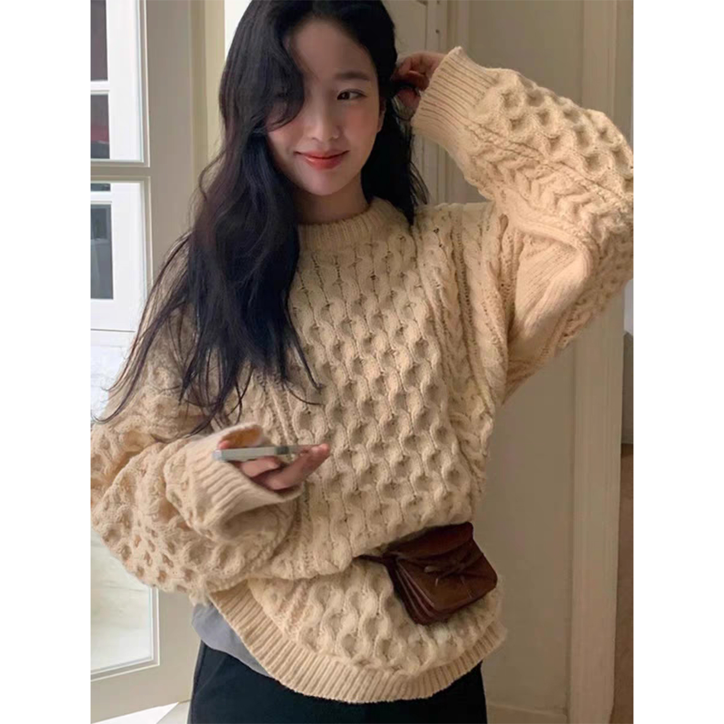 慵懒风重工麻花纹百搭针织衫毛衣女2025冬季新款软糯纯色套头上衣