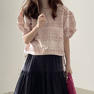 上衣 良良家设计感拼接木耳边层次感衬衫 女夏季 新款 宽松打条泡泡袖