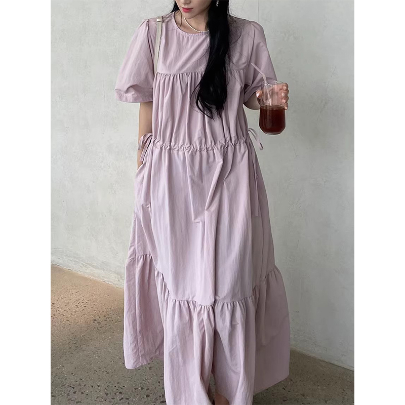 良良家褶皱抽绳系带短袖连衣裙女夏季新款慵懒风小众宽松长裙子