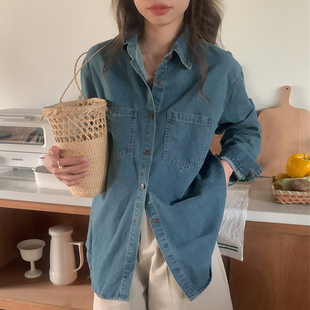 上衣女 水洗牛仔衬衫 韩国chic秋季 复古气质翻领双口袋宽松百搭长袖