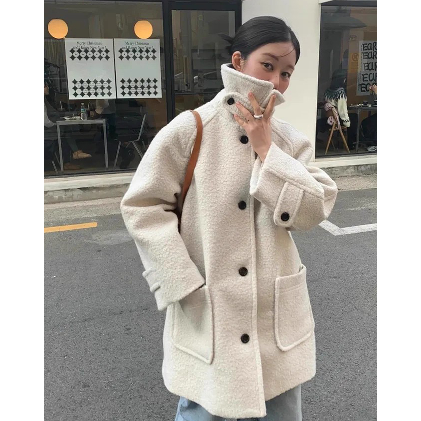 温柔风夹棉保暖毛呢外套女2025冬季新款立领口袋中长款呢子大衣