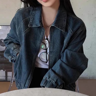 韩国chic秋季 拉链牛仔短外套女 复古港风翻领明线宽松百搭做旧长袖