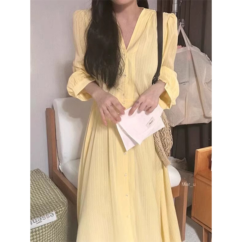 法式复古泡泡袖气质连衣裙长裙女
