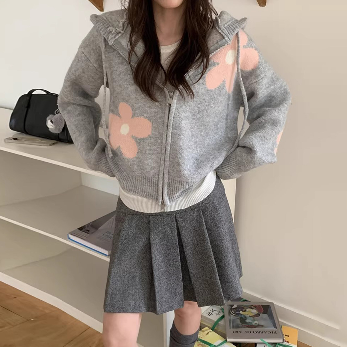 撞色提花抽绳连帽式针织开衫外套