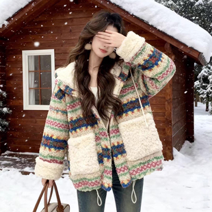 复古几何提花两面穿连帽羊羔毛外套女2025冬季 双口袋保暖棉服 新款