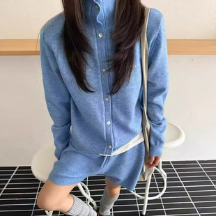 套装 韩国chic秋季 高腰休闲短裤 复古小众高领针织毛衣外套女 新款