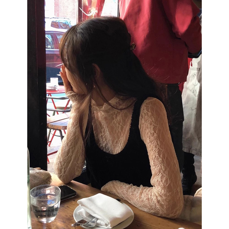 韩国chic春秋法式小性感镂空钩花修身显瘦长袖叠穿透视蕾丝上衣女