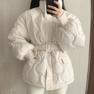 韩国chic秋冬法式 棉衣外套女 温柔立领波浪压纹设计系带收腰长袖