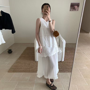 新款 良良家设计感镂空提花背心连衣裙女夏季 复古拼接假两件长裙子