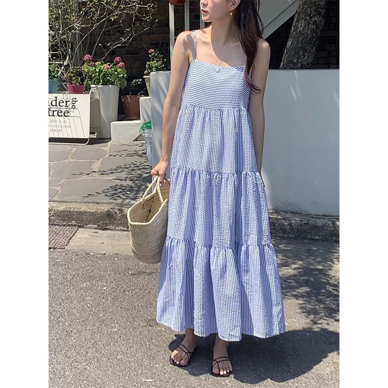 良良家蓝色条纹吊带连衣裙女图片