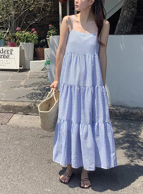 良良家蓝色条纹吊带连衣裙女夏季新款法式度假风叠穿背心长裙子
