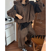 高腰休闲长裤 新款 两件套 拼接豹纹连帽卫衣外套女2025冬季 复古个性