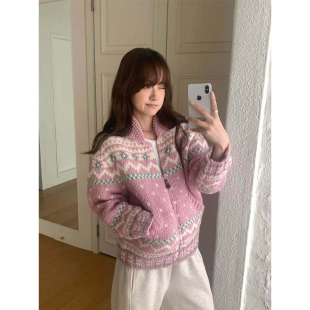 良良家费尔岛提花毛衣外套女秋冬新款减龄加厚保暖针织开衫上衣