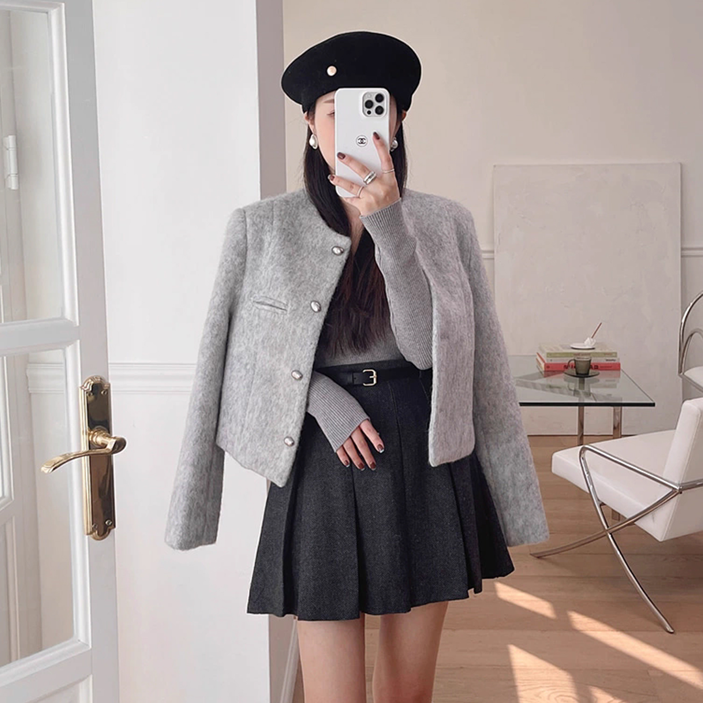 小香风别致单排扣短款呢子外套