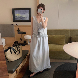 良良家温柔减龄系带蝴蝶结背心女夏季 新款 韩系拼接毛边半身裙套装