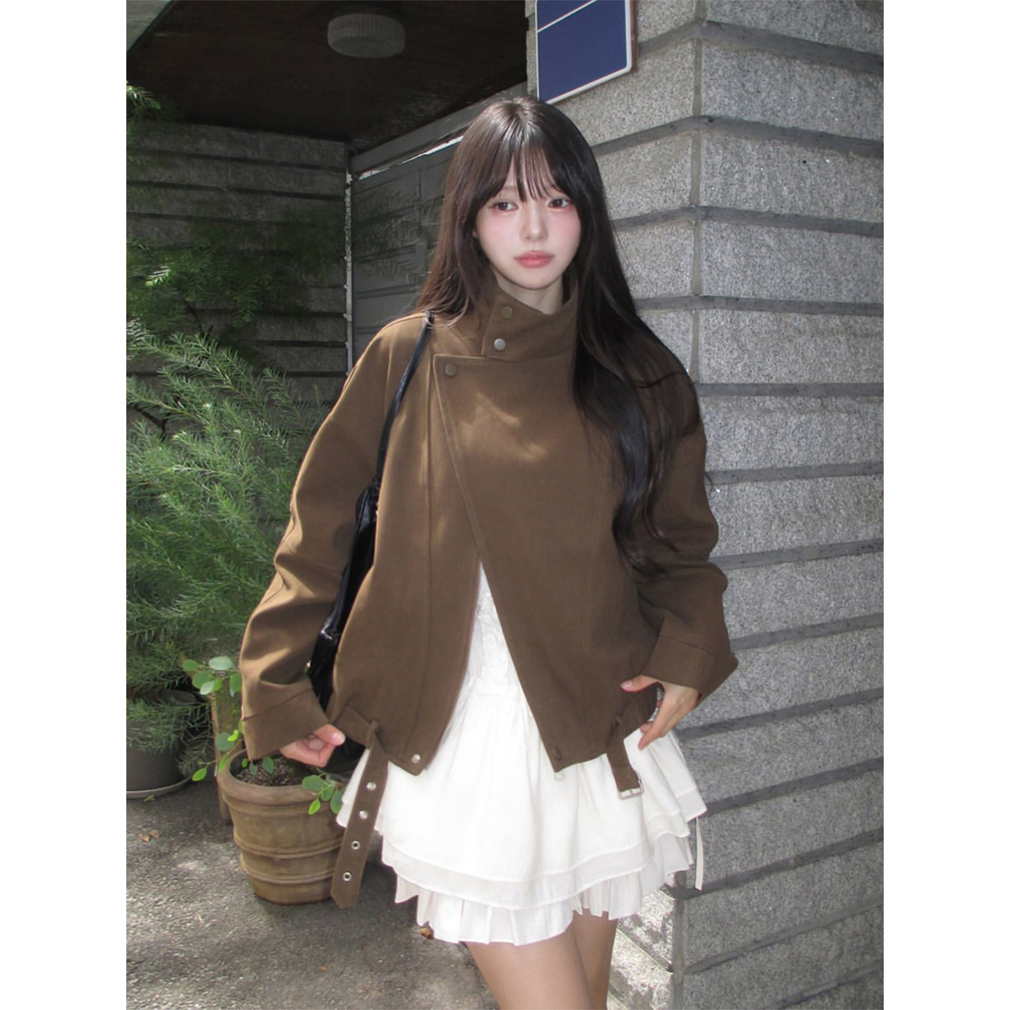 良良家美拉德麂皮绒机车服外套女秋冬新款复古廓形小个子夹克上衣