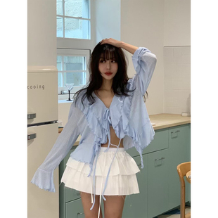 韩国chic夏季温柔风V领荷叶边系带微透薄款喇叭袖开衫衬衫上衣女