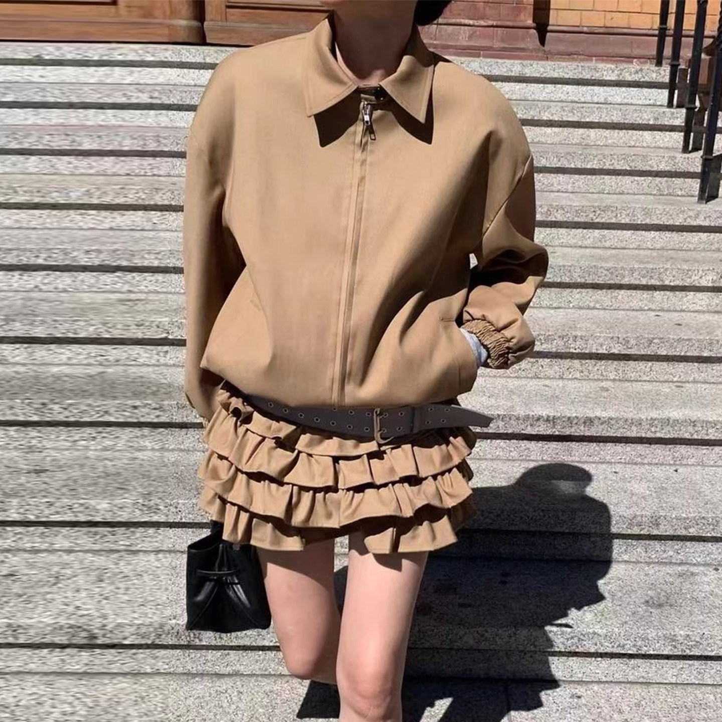 时尚套装复古宽松纯色夹克短外套女2025秋季新款高腰蛋糕裙半身裙,女装/女士精品,时尚套装,淘宝优惠券,粉丝福利购,淘宝优惠卷