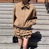 新款 复古宽松纯色夹克短外套女2025秋季 高腰蛋糕裙半身裙 套装 时尚