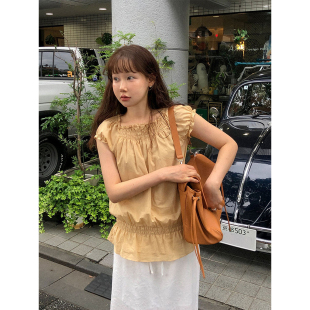 温柔风打揽褶皱圆领泡泡袖衬衫女夏季复古气质显瘦纯色小衫上衣