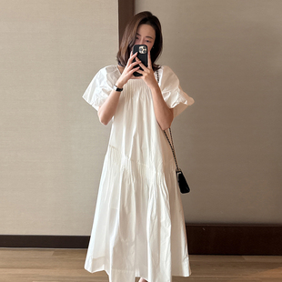 良良家重工压褶设计泡泡袖 小众气质方领宽松长裙 连衣裙女夏季 新款