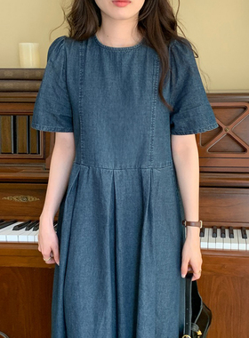 韩国chic夏季复古洋气圆领明线设计压褶收腰泡泡袖牛仔连衣裙女