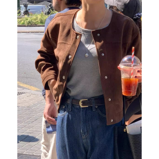 复古圆领绒面鹿皮绒暗扣宽松百搭长袖 法式 外套女 新款 韩国chic秋季