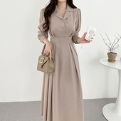 气质西装 领三粒扣设计压褶收腰泡泡袖 长款 良良家法式 风衣式 连衣裙