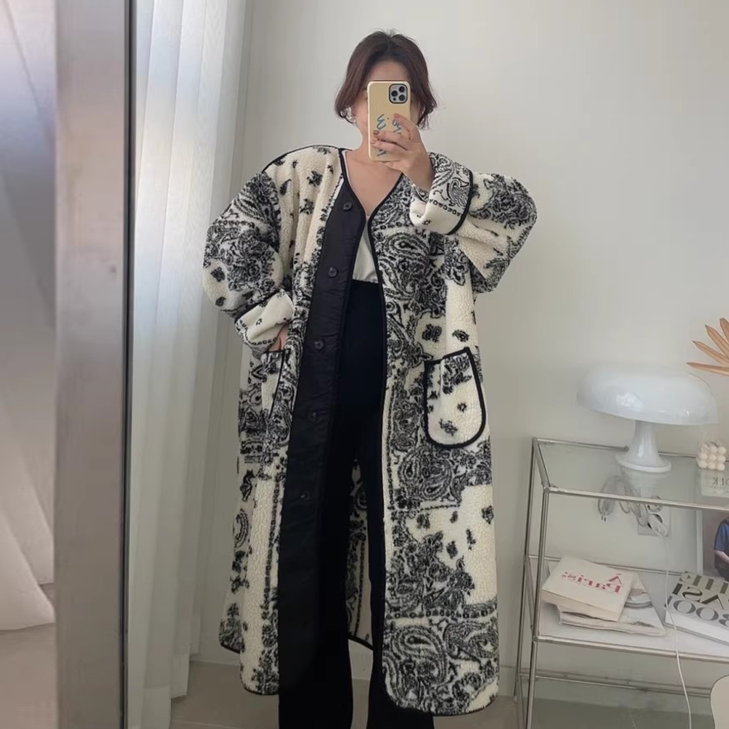 复古民族风撞色花纹羊羔毛外套女2025冬季新款双口袋长款棉服大衣