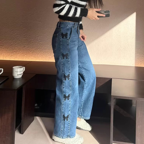 蝴蝶结印花高腰百搭直筒牛仔裤