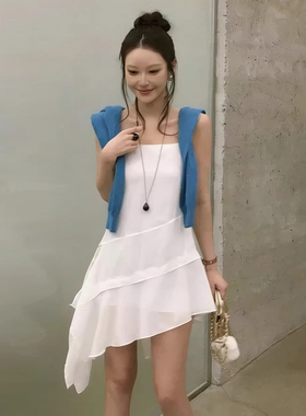良良家白色不规则吊带连衣裙女夏季新款法式气质叠穿无袖短裙子